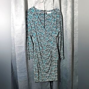 Calvin Klein Blue and Black Ruched Faux Wrap Dress - Size Small - EUC